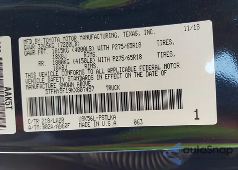 2019 Toyota Tundra Limited 5.7L V8 из США, поврежденный, VIN 5TFHY5F19KX807457